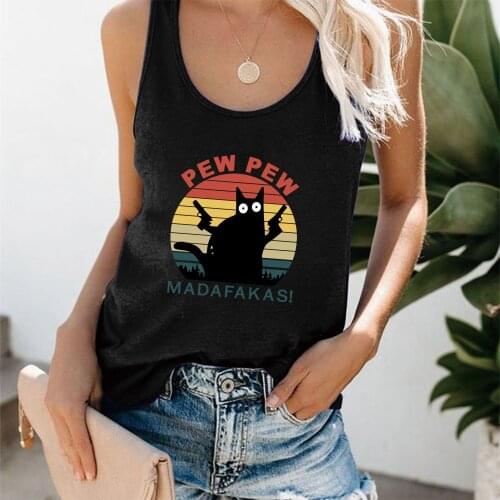 Pew Pew Madafakas Black Cat with Knife Print Funny Tank Top Women Sleeveless Summer Loose Cartoon Vest Harajuku Shirt for Ladies
