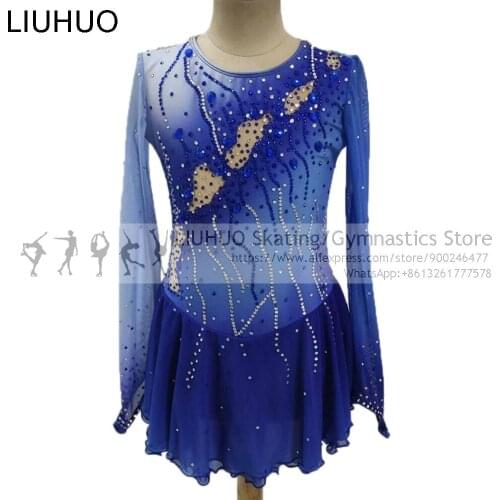Figure Skating Dress Girls Blue Competition Costumes Hole Rhythmic Ballet Leotards Children Long Sleeves Performance Dance Skirt