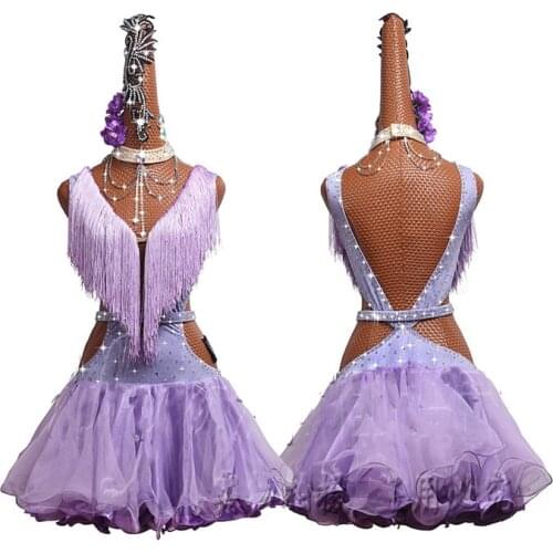 Grace Latin Dance Dress Women Competition Performance Clothing Female Dance Skirt Hollow Light Purple Fringed Pleated Skirt