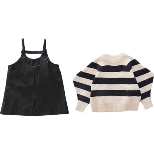Baby Girls Dress Spring Autumn Girls Clothes Striped Pullover and PU Jumper Skirt Princess Dresses 2Pcs Baby Sweater Knitted