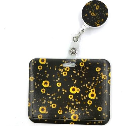 Sunflowers Flowers Black Cute Card Cover Clip Lanyard Retractable Student Nurse Badge Reel Clip Cartoon ID Card Badge Holder