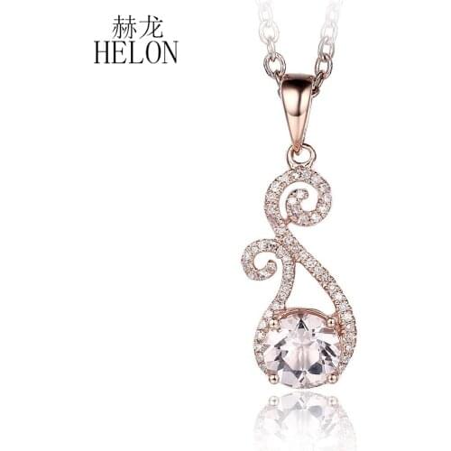 HELON Solid 10K Rose Gold Round 6mm Natural Morganite Diamonds Pendant Engagement Wedding Fine Jewelry Women Gemstone Pendant