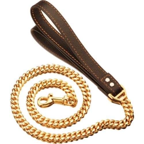 Dog Leash Pet Lead Stainless Steel 14mm Gold Dog Chain Collar Lead Pet Leather for Small Large Dogs Pitbull Bulldog Collar Leash