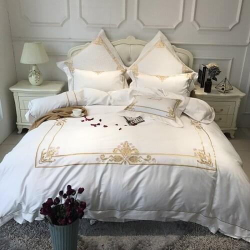 Luxury White 80S Egyptian cotton Embroidery Royal Bedding sets Queen King Wedding Duvet cover Bed sheet set Pillowcases 4/6pcs