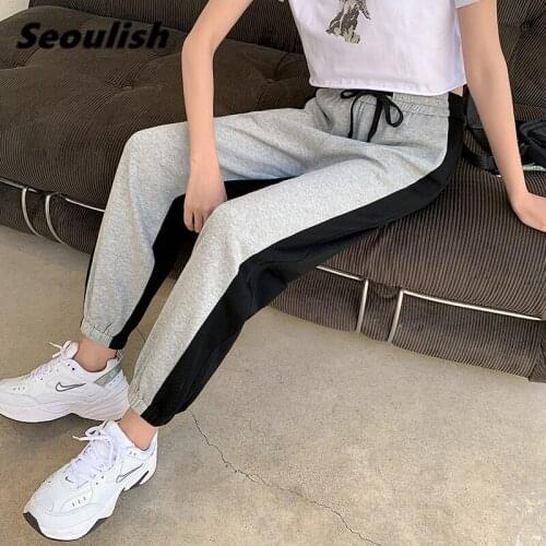 Seoulish New 2021 Spring Summer Womens Harem Sweetpants Drawing High Waist Patchwork Casual Loose Joggers Lace Up Trouses