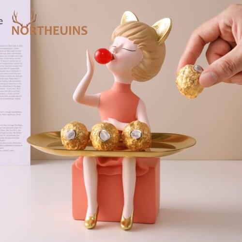 NORTHEUINS Resin Rabbit Ears Girl Tray Storage Figurines Kawaii Home Decoration Accessories Modern Creative Nordic Statue Gift