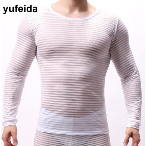 Slim Sexy Men Undershirts Male See Through Basic Shirts Casual Comfortable O-neck Sheer Tops Fitness Striped Gay Men Underwear