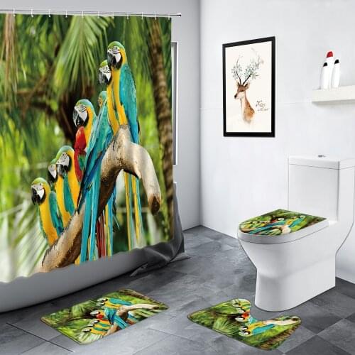 Tropical Plants Parrot Shower Curtain Palm Trees Color Feather Birds Bathroom Rug Non-slip Foot Mat Bath Mats Toilet Decor Sets