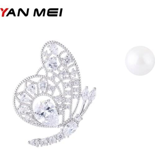 YANMEI CZ Spread-winged Butterfly Stud Earrings For Women Imitation Pearls Crystal Asymmetric Earring Fashion Jewelry YME7790