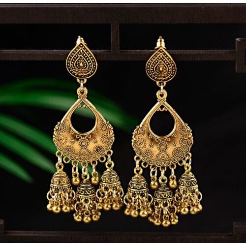 Vintage Water Drop Shape Jhumka Earrings Indian Jewelry For Women 2019 Ethnic Carved Bells Tassel Tibetan Jewelry Drop Earrings