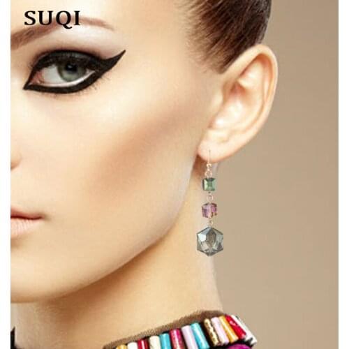 SUQI Women Golden Stainless Steel Earrings Ladies Girls Korean Trendy glass crystal snowflake Earrings Pendant Gift Wholesale