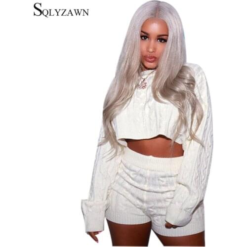 Sexy Knitted Suits for Women Tracksuit Long Sleeve Crop Top Sweater Bodycon Shorts Two Pieces Set Autum Winter 2020 Club Outfits