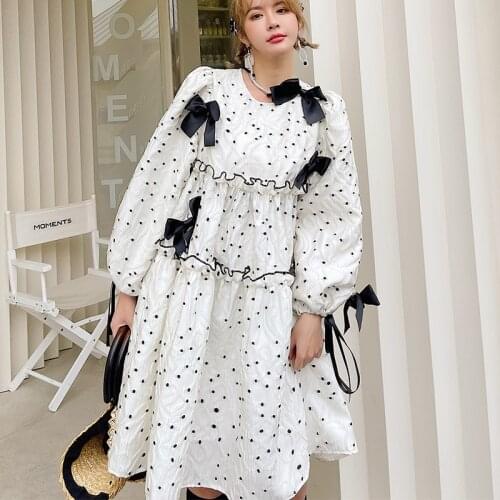 2021 new spring Japanese loose age reducing wave point stitching bow tie long skirt lace up dress female M7125