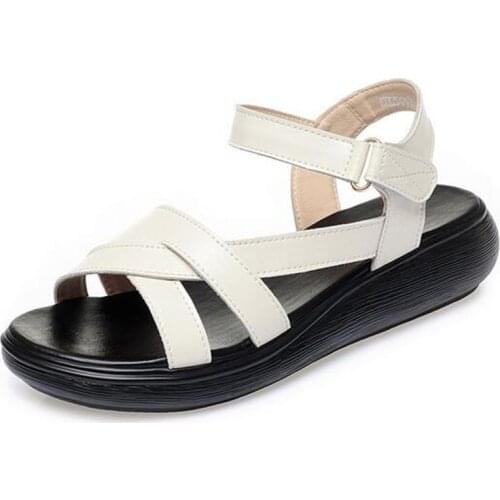 Top Cowhide Round Head Fashion Elegant Comfortable Shoes Woman Summer Leather Sandals 2020 New Wedges Sandals Women Sandal Shoes