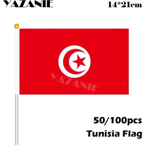 YAZANIE 14*21cm 50/100pcs Tunisia Hand Flag Free Shipping World Countries Hand Waving Flag Wholesale Wave Flying Flags Banner