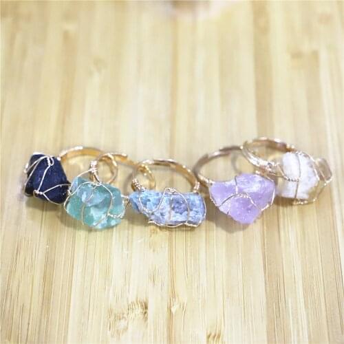 6pcs Natural Stone Irregular Wire Wrap Women Rings Healing Rough Gemstones Jewelry Fluorite Fashion Finger RingS Unique Jewelry