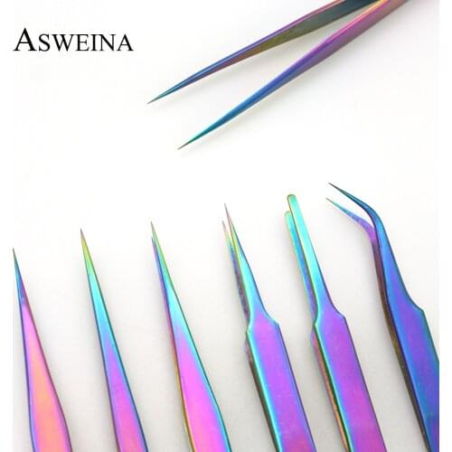 7 Type Eyebrow Tweezers Rainbow Stainless Steel Rhinestone Extension Nail Art Makeup Precision Mink Eyelash Cosmetic Tools