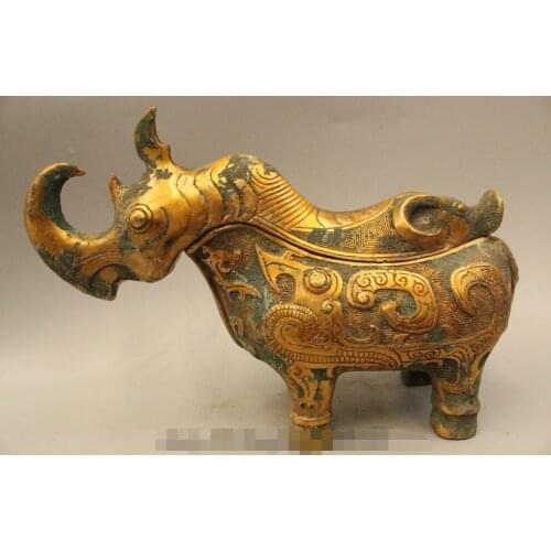 8" Chinese Dynasty Palace Bronze Gild Rhinoceros Musso Rhino Statue Sculpture Zu R0715