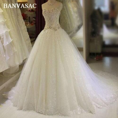 BANVASAC 2017 New A Line Luxury Crystals Sweetheart Wedding Dresses Sleeveless Satin Elegant Pearls Court Train Bridal Gowns