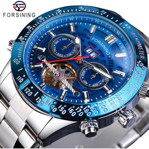 Forsining Mens Watches Mechanical Casual Man Watches Date Calendar Waterproof Blue Dial Stainless Steel Top Brand Fashion Clock