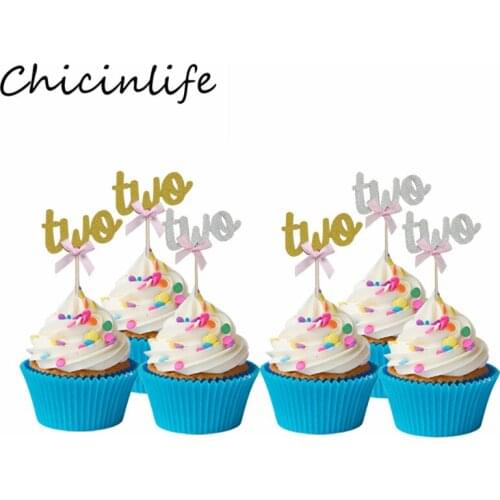 Chicinlife 5Pcs Gold/Silver Bow Two Cupcake Toppers Birthday Party Baby Shower Boy Girl 2nd Birthday Cake Decoration Supplies