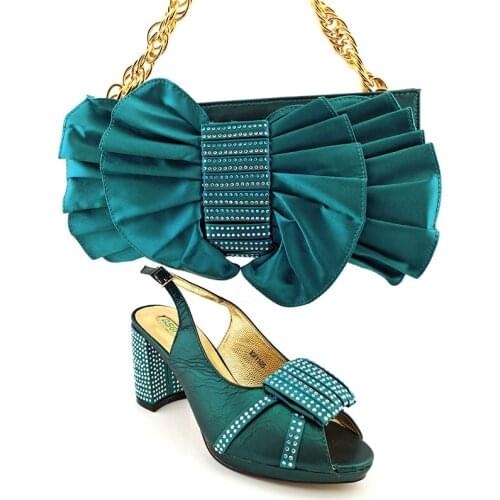 Itallian Design 2021 New Arrival Fashion Avocado Color Party Elegant Women Shoes and Bag Set full of Rhinestone Mixing Metal