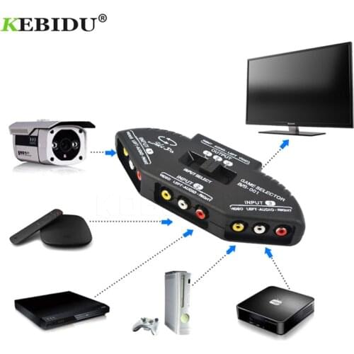 Kebidu Black 3 Ports Video Game Switch Selector Splitter Audio Cable AV RCA for XBOX PS Wii Wii TV DVD