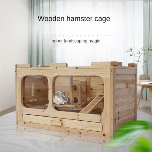 Solid Wood Hamster Cage Golden Bear Wooden House Chipmunk Wooden Cage Hamster Landscaping Cage All Solid Wood Small Pet Cage