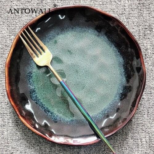 Red / Retro ceramic wall plate with emerald agate, tableware, 8-inch, dinner plate and Western food plate