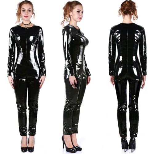 Cool Handsome Womens PVC Bodysuit Black Wet Look PU Leather Latex Catsuit Punk Zentai Jumpsuit Clubwear Plus Size S M L XL XXL