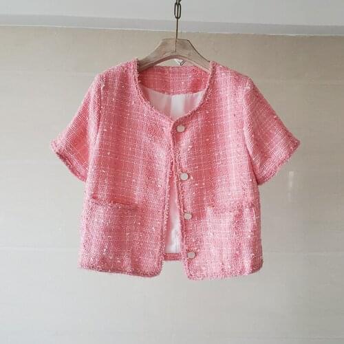 Little fragrant pink cardigan short-sleeved jacket 2021 summer new style female wild fashion thick flower round neck temperament