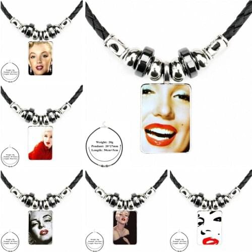 Fashion Jewelry Classic Glass Cabochon Black Leather Bead Pendant Necklace Pendants For Women Party Gift Marilyn Monroe Red Lip
