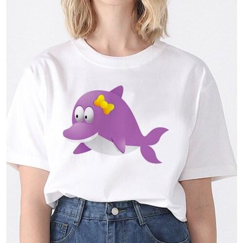 Cartoon T Shirt O Neck Cute Dolphin Print Ladies Women T-shirt Summer Short Sleeved Graphic T Shirt Animal Funny Fashion Tees