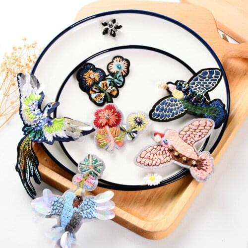 2017 New Birds Flower Sequins Lace Patch Cloth Paste Lace Stickers Handmade DIY Accessories 5pieces