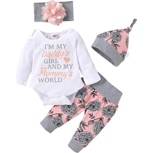 Baby Girl Clothing Newborn Kids Baby Girls Outfits Clothes Romper Bodysuit+Flower Printed Pants+Headband+Hat Set Hot 2021