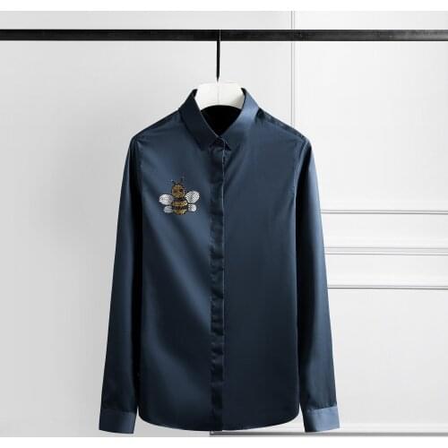 Solid Color Plus Size 4xl Luxury Diamond Crystal Bee Long Sleeve Mens Dress Fashioin Casual Shirts Man
