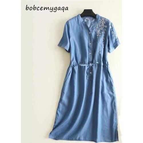 Summer soft denim long shirt dress tied waist button short sleeves work office dress blue floral embroidery long Jeans dresses