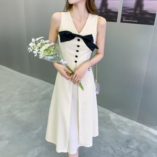 Runway Desigher French Retro Temperament Sleeveless Midi Dress Elegant Bow Patchwork Party Dress Vestidos