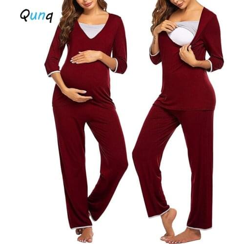 Qunq Maternity Pajamas Clothing Long Sleeve Breastfeeding Shirts Pant 2pcs Pregnancy Nursing Sleepwear Spring Fall Women Suits