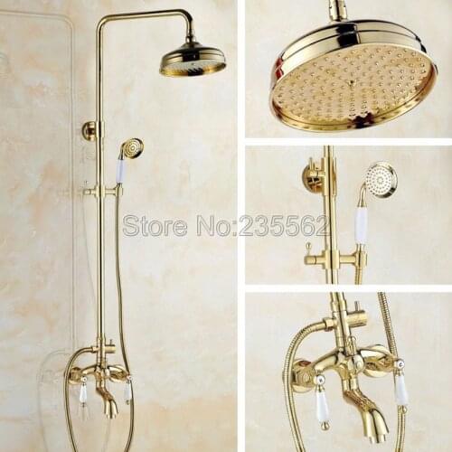Modern Bathroom Golden Brass Rain Shower Faucet Set Wall Mounted Tub Mixer Taps with 8 inch Shower Head + Handheld Spray lgf431