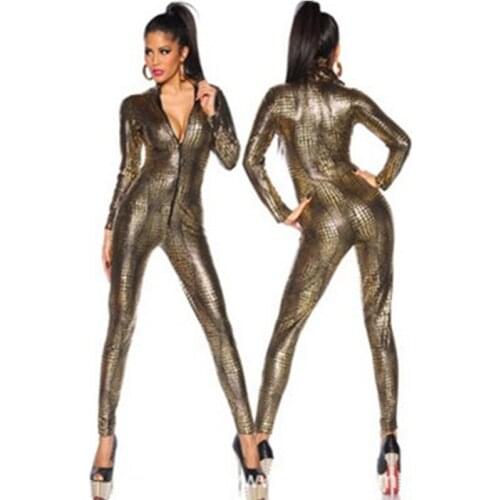 Sexy Metallic Snake Skin Bodycon Jumpsuit Women Long Sleeve Front Zip Golden Black Bodysuit Lady Faux Leather Catsuit Playsuits