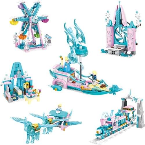 Street View Series Educational Building Blocks Toys For Girls DIY Birthday Gift Ice Castle Ferris Wheel Motorboat Train Models