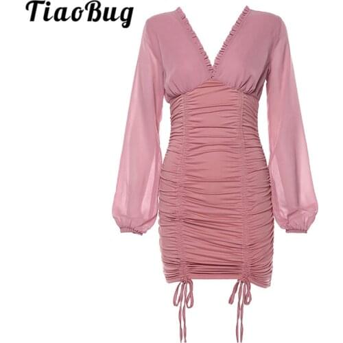 Womens V Neck Sexy Mini Dresses Lantern Sleeve Drawstring Ruched Bodycon Dress for Women Feminine Cocktail Party Elegant Dress