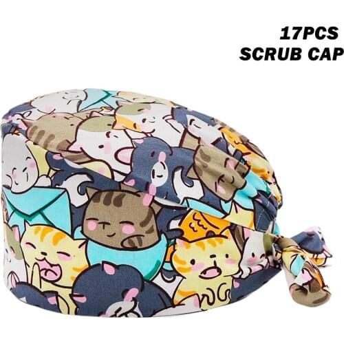 Unisex Scrubs Caps With Buttons Adjustable Cotton Anime Printing Hats High Quality Adjustable Sweat-absorbent Elastic Scrub Cap