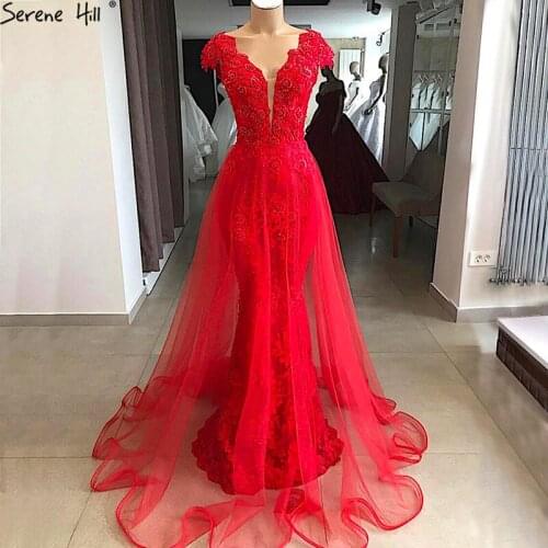 Red Sleeveless Lace Pearls Sexy Evening Dresses 2020 Mermaid Fashion V-Neck Formal Evening Gowns Serene Hill BLA6604