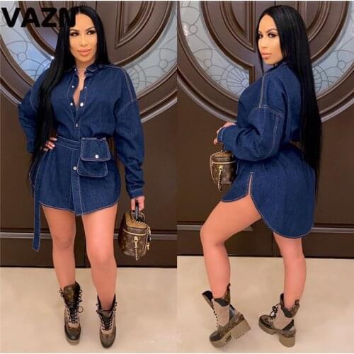 VAZN New 2020 Elegant V-Neck Vintage Jean Blue Mini Dress Club Birthday Shinny Bandage Dress Full Sleeve Sheath Dresses