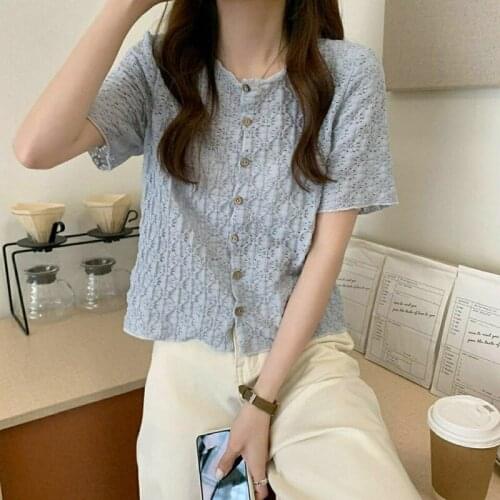 New Knitted Shirts for Women Fashion Korean Floral Embroidery Blouses Summer Elegant Ladies Button Tshirts Blusas White Tees XL