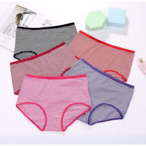 Womens Cotton Breathable Panties Briefs Ladies Big Size Lingerie High-waist Striped Ladies Underwear 3pcs Lot