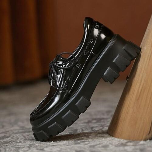 Womens Platform Heels Plus Size 42 Handmade Sheepskin Round Toe Lace Up Pumps 2021 Spring New Casual Fashion Oxford Black Shoes