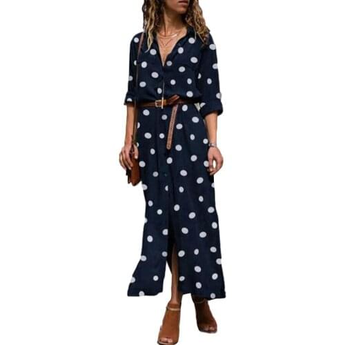 2020 Women Dress Polka Dot Print Slitting Long Sleeve Turn Down Collar Maxi Shirt Dress Long Dress Dresses Female Vestidos